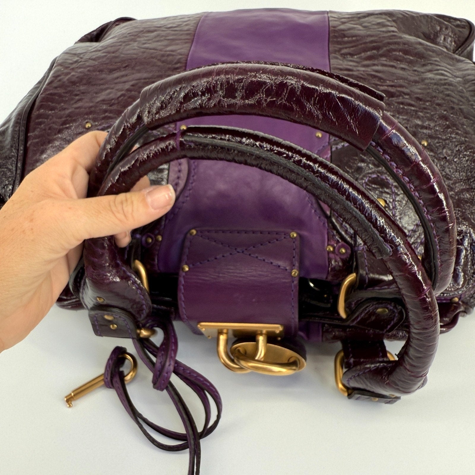 Chloe Paddington Bag Purple Patent Leather Gold Hardware Y2K Designer It Bag