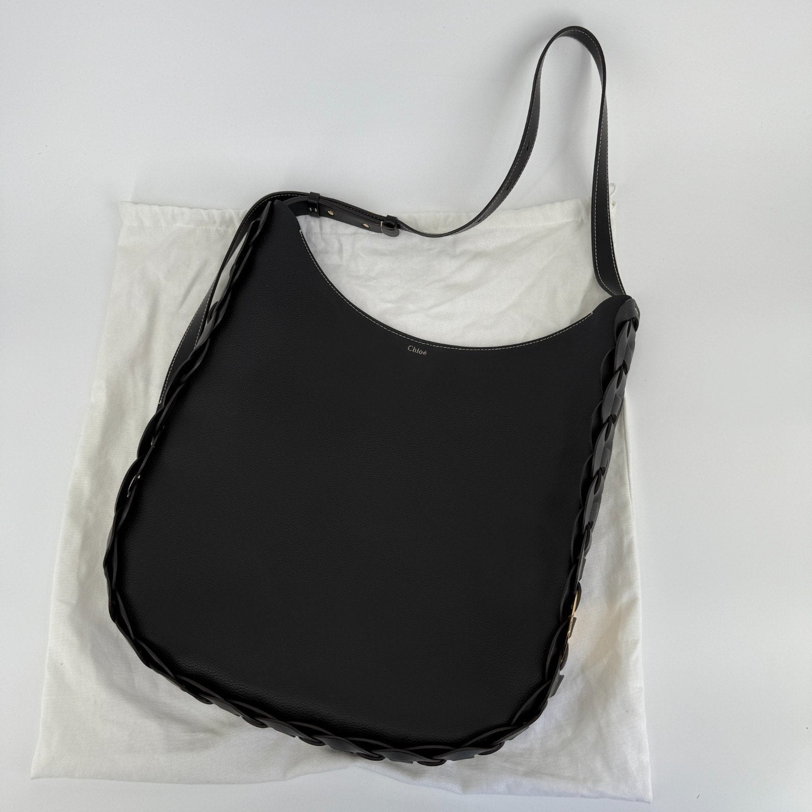 Chloe Darryl Hobo Bag Black Grained Leather Large Tote Shoulder With Pouch Auth