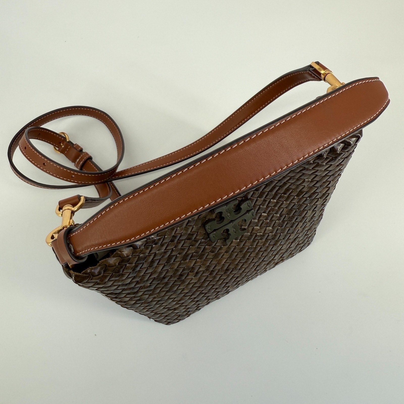 Tory Burch McGraw Bucket Bag Woven Leather Crossbody Logo Shoulder Vacation