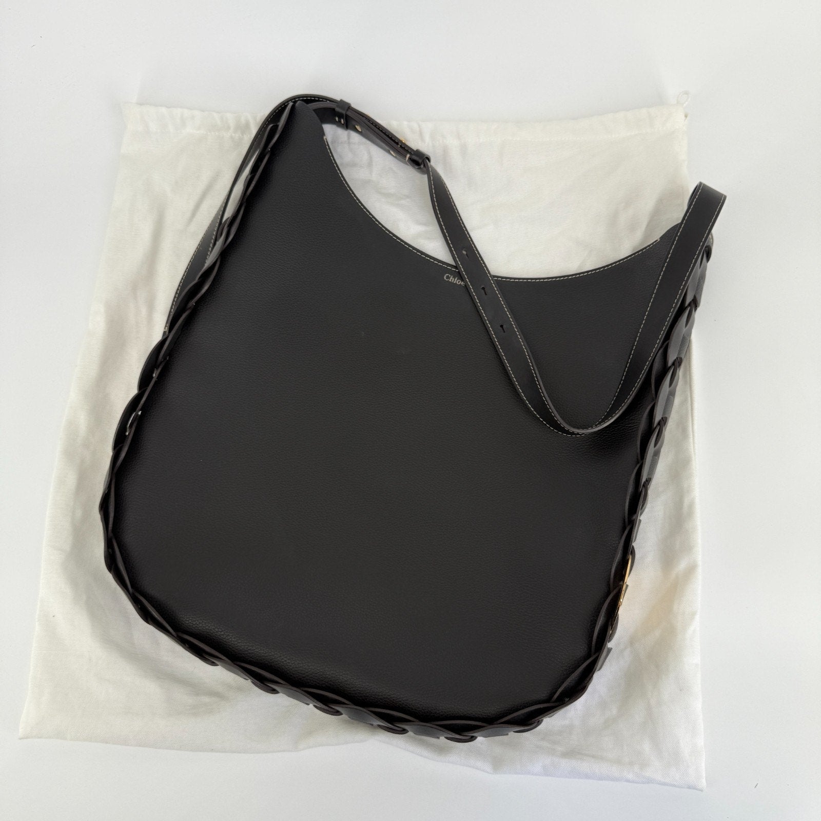 Chloe Darryl Hobo Bag Black Grained Leather Large Tote Shoulder With Pouch Auth