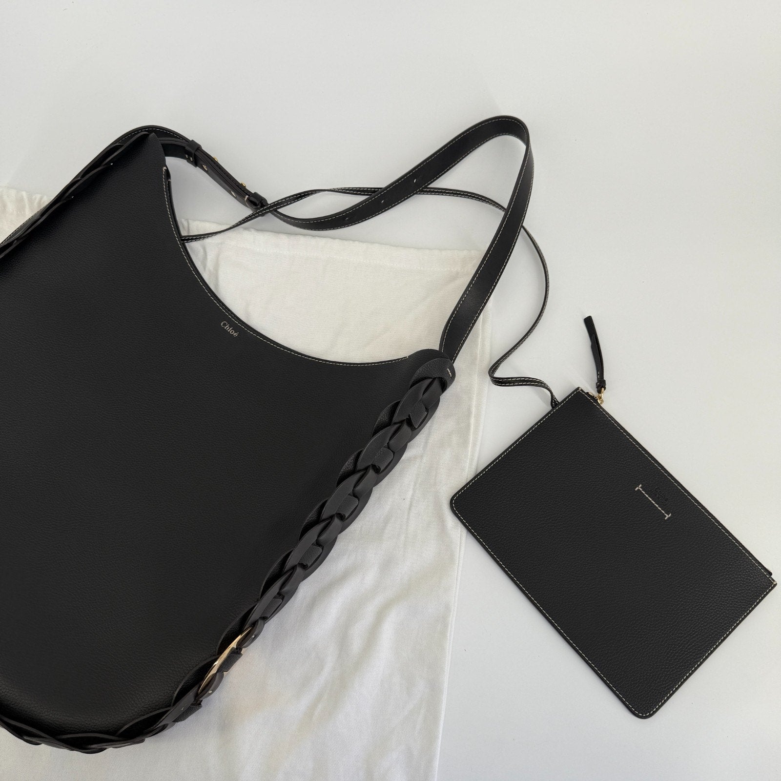 Chloe Darryl Hobo Bag Black Grained Leather Large Tote Shoulder With Pouch Auth