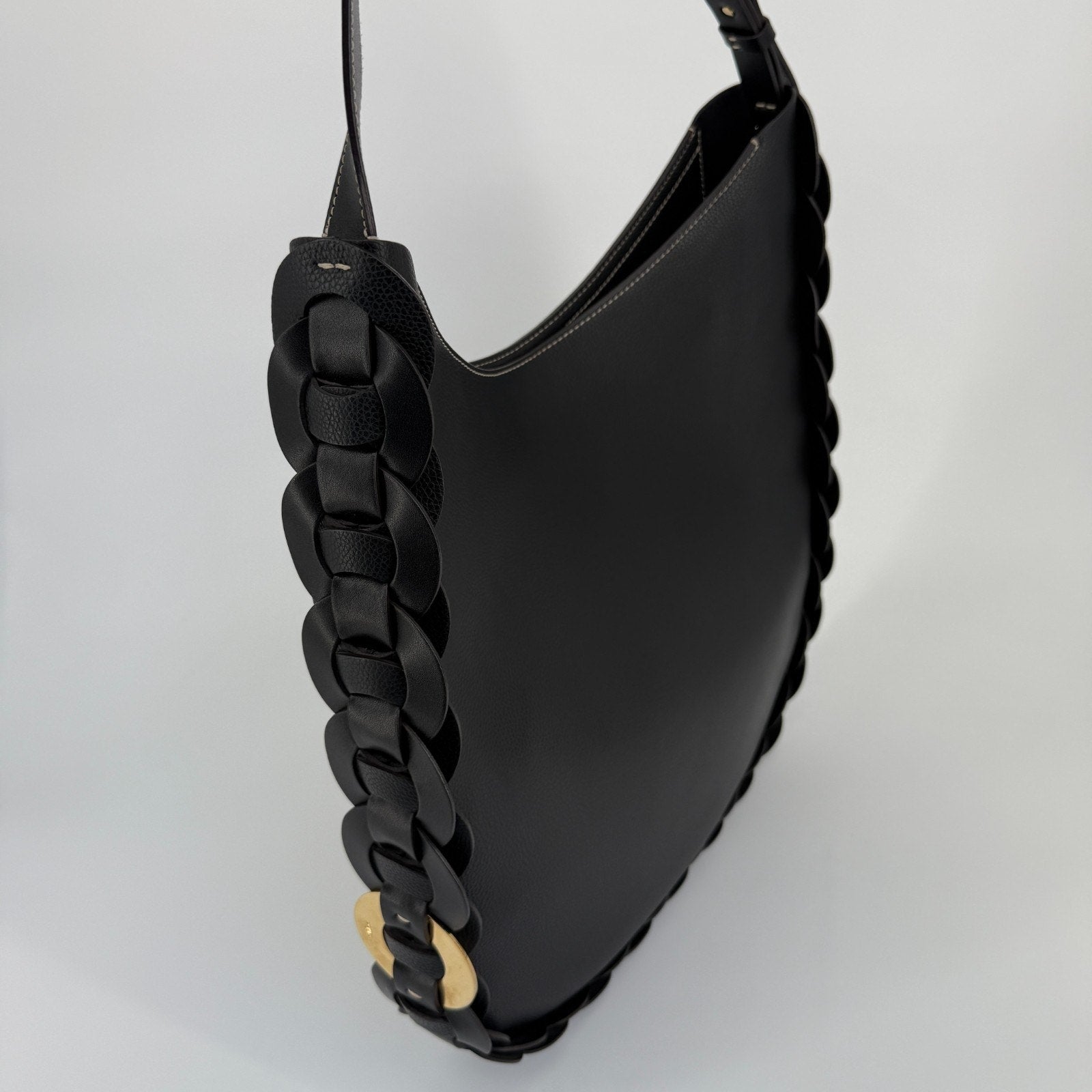Chloe Darryl Hobo Bag Black Grained Leather Large Tote Shoulder With Pouch Auth