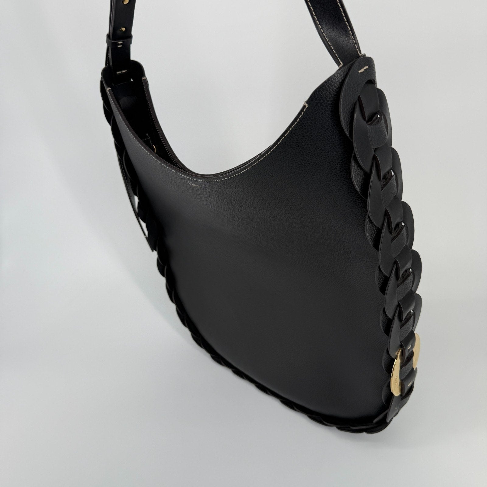 Chloe Darryl Hobo Bag Black Grained Leather Large Tote Shoulder With Pouch Auth