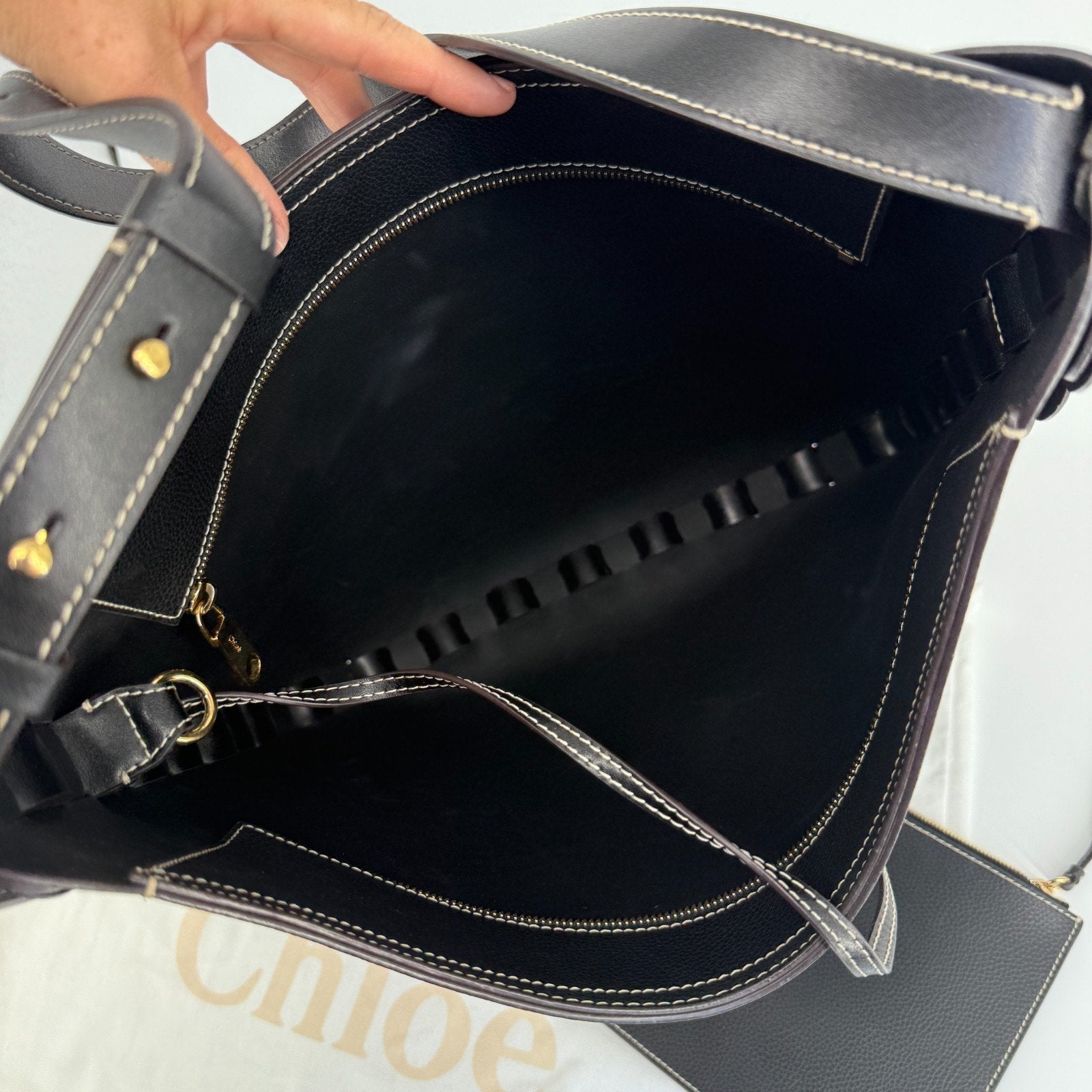 Chloe Darryl Hobo Bag Black Grained Leather Large Tote Shoulder With Pouch Auth