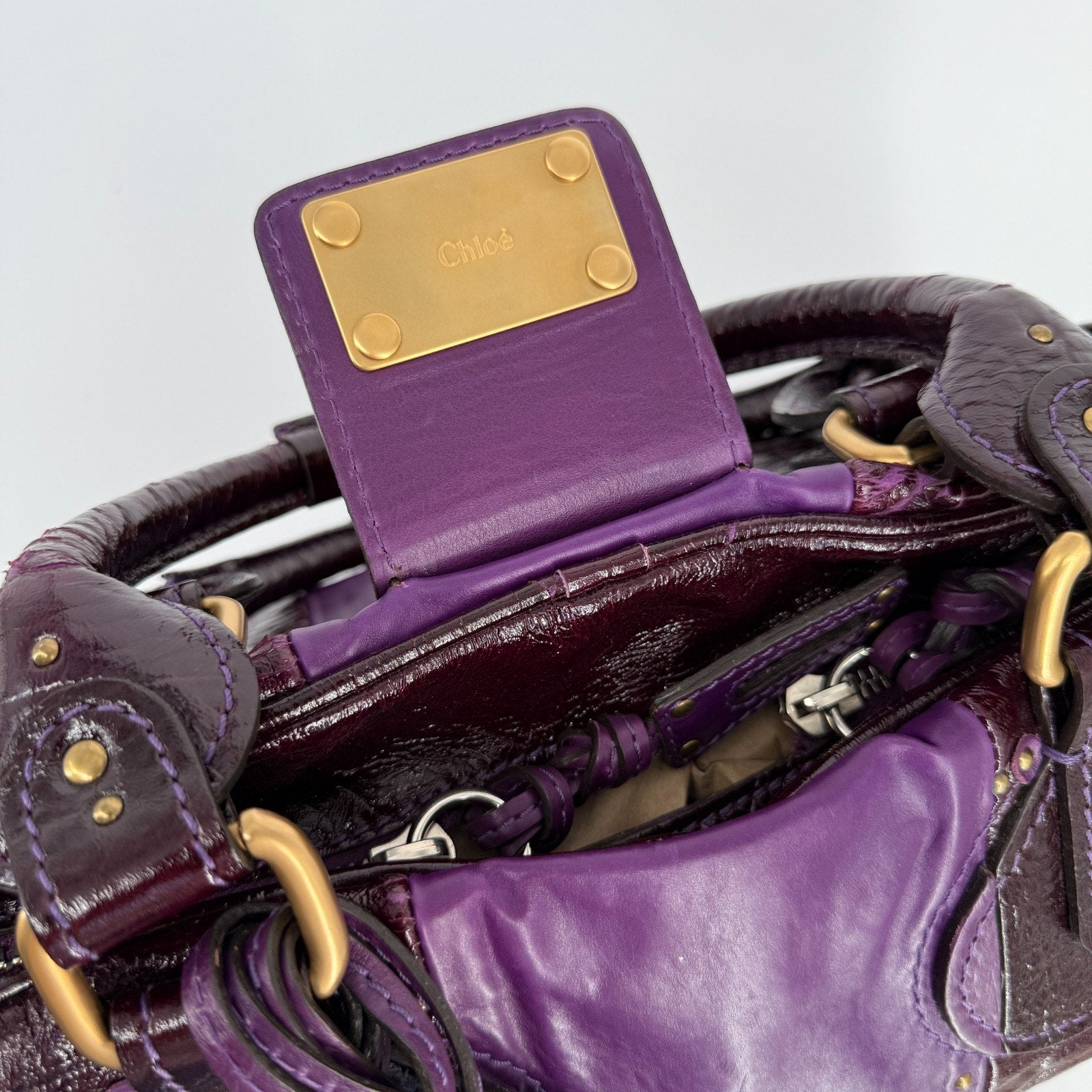Chloe Paddington Bag Purple Patent Leather Gold Hardware Y2K Designer It Bag