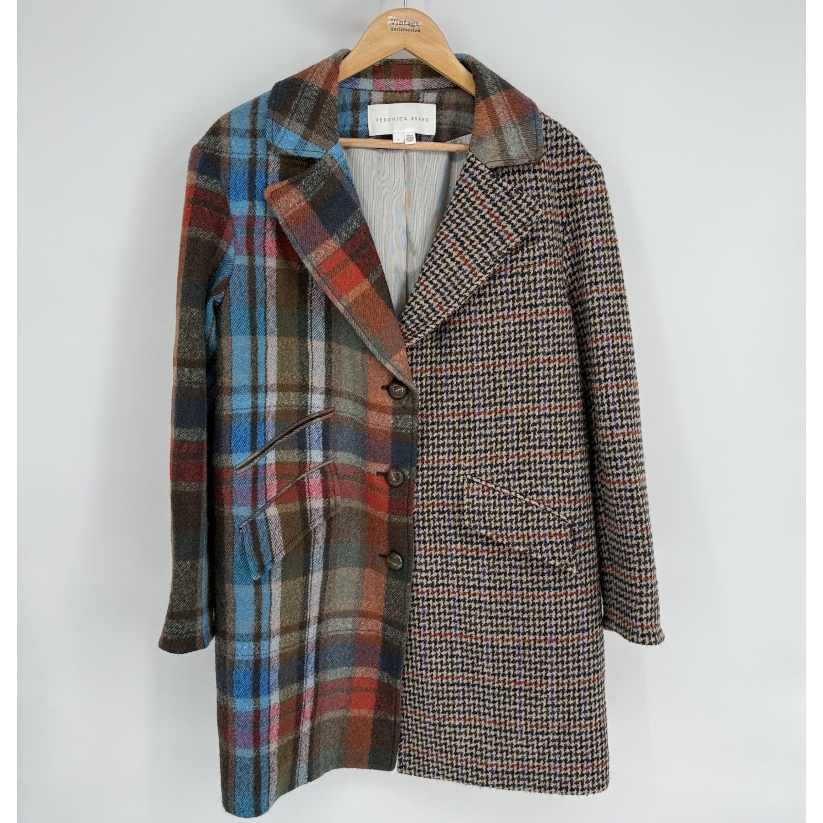 Veronica Beard Dickey Jacket India Coat Plaid Houndstooth Size L Academia Preppy