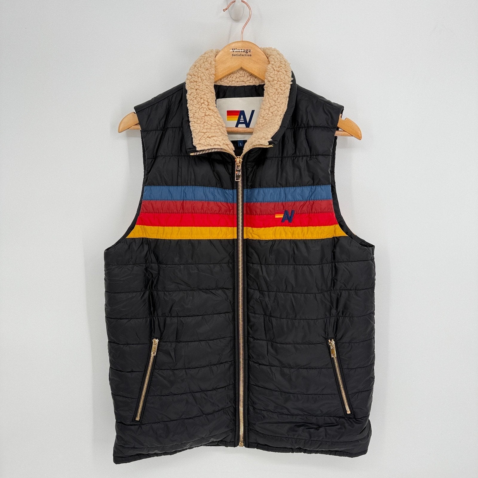 Aviator Nation Vest 4 Stripe Sherpa 70s Retro Apres Ski Cozy Mens Size L