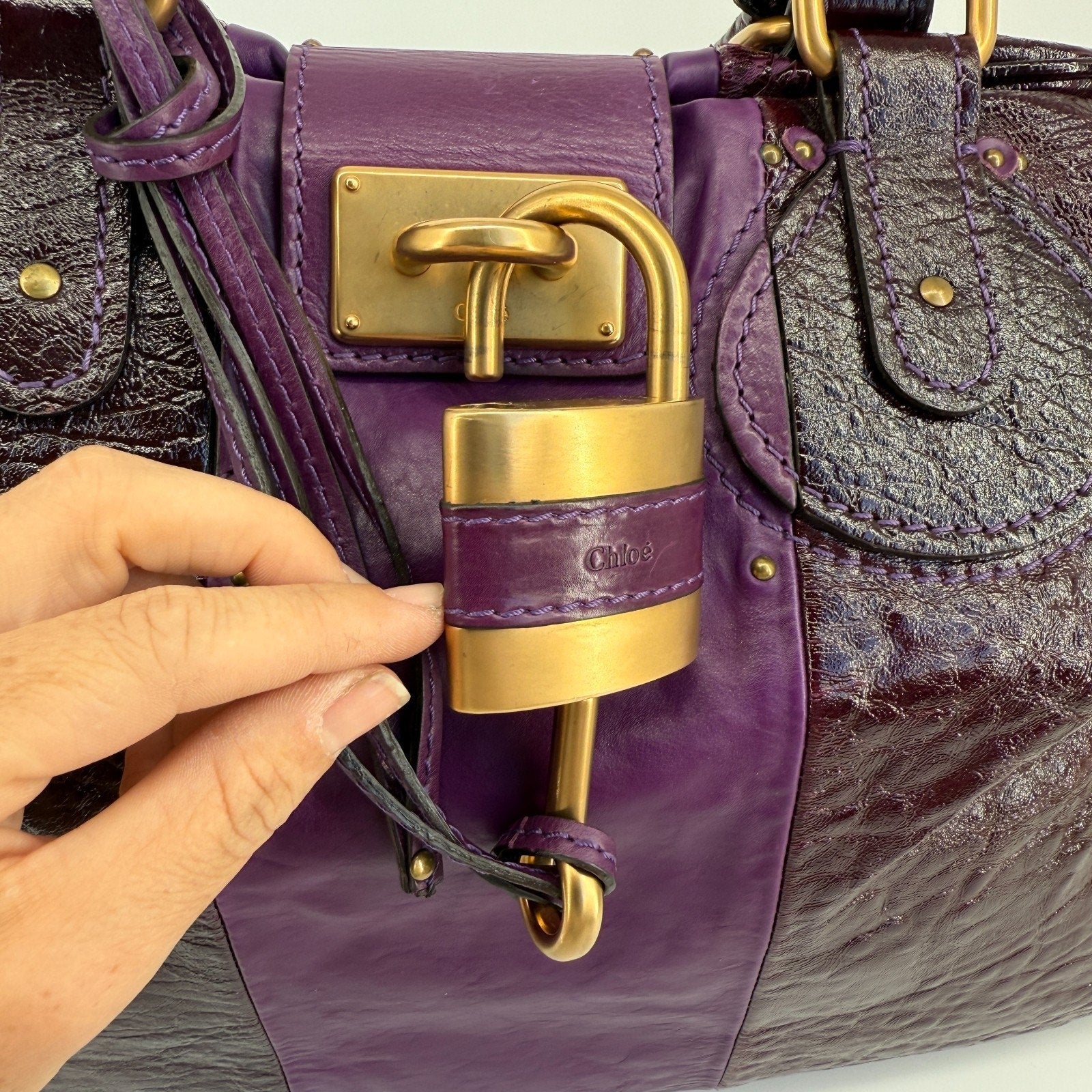 Chloe Paddington Bag Purple Patent Leather Gold Hardware Y2K Designer It Bag
