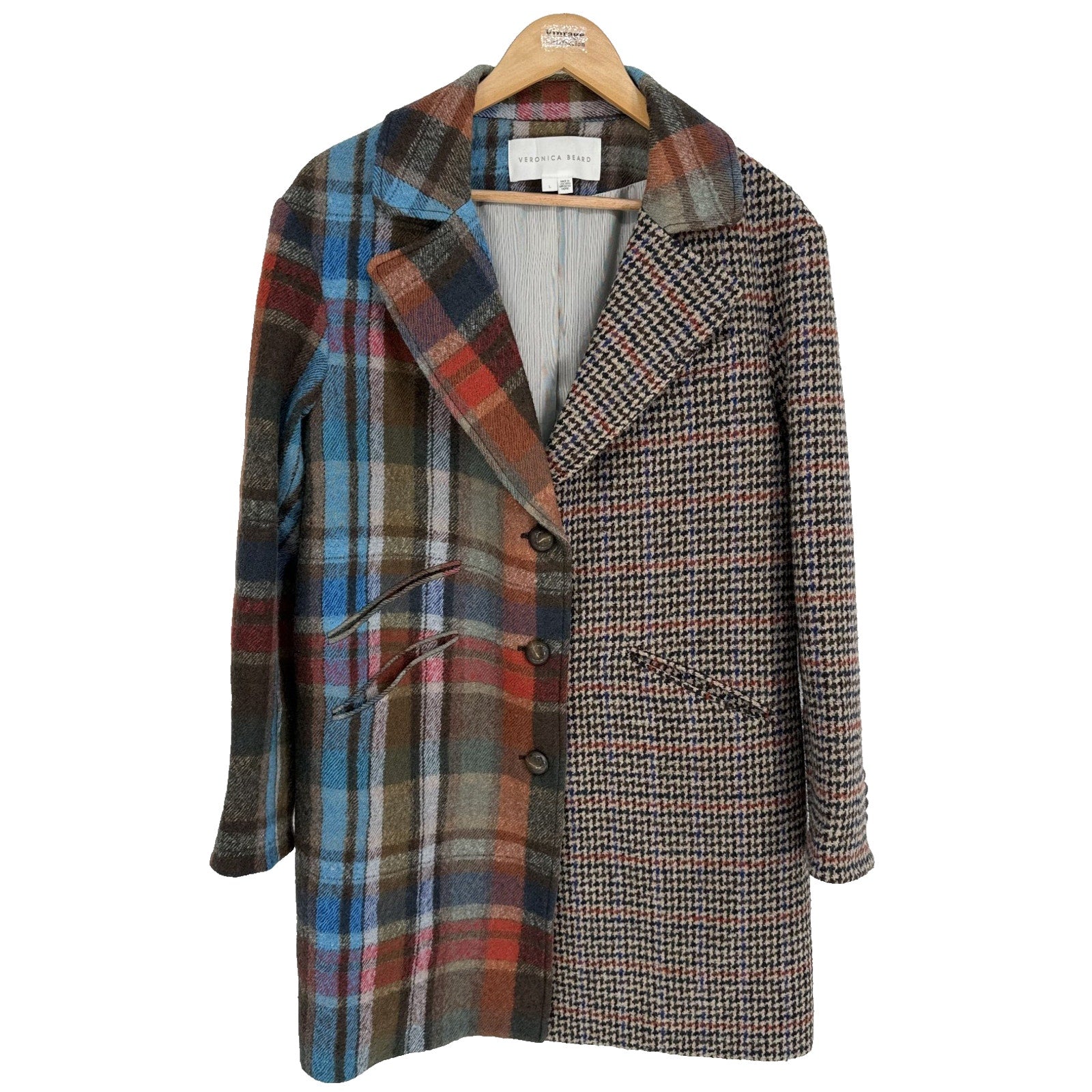 Veronica Beard Dickey Jacket India Coat Plaid Houndstooth Size L Academia Preppy