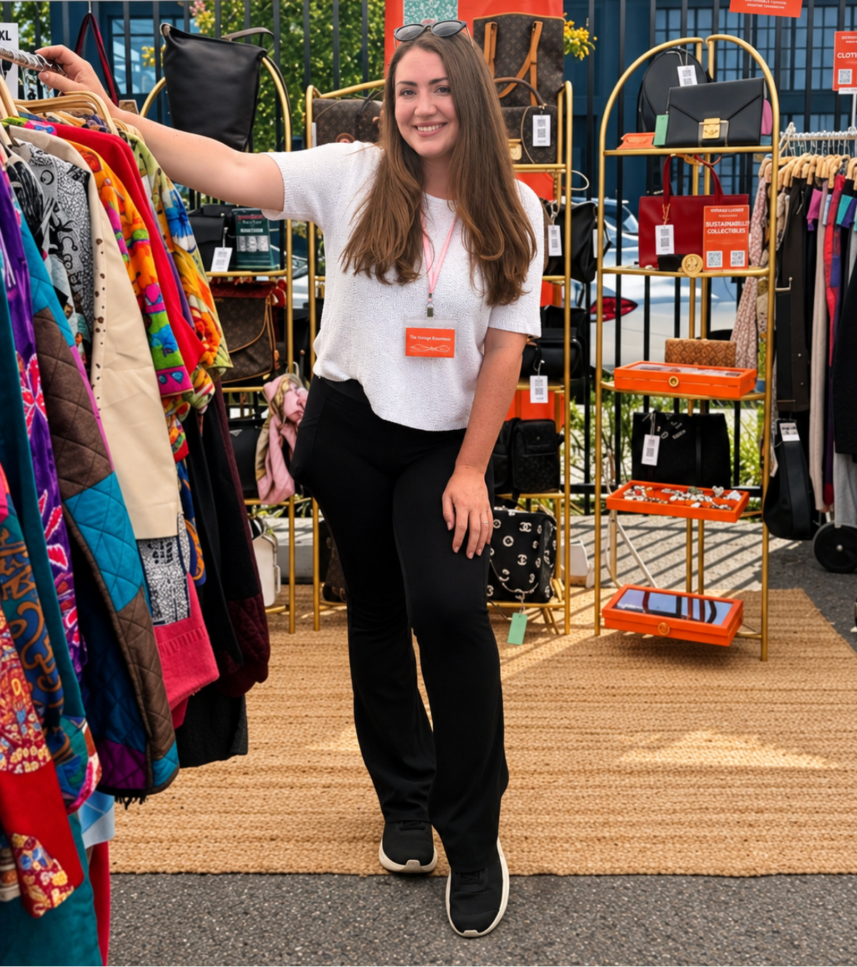 A woman stands at an outdoor market booth under a white canopy, holding a rack of colorful clothing. She is wearing a white t-shirt, black pants, and black sneakers.