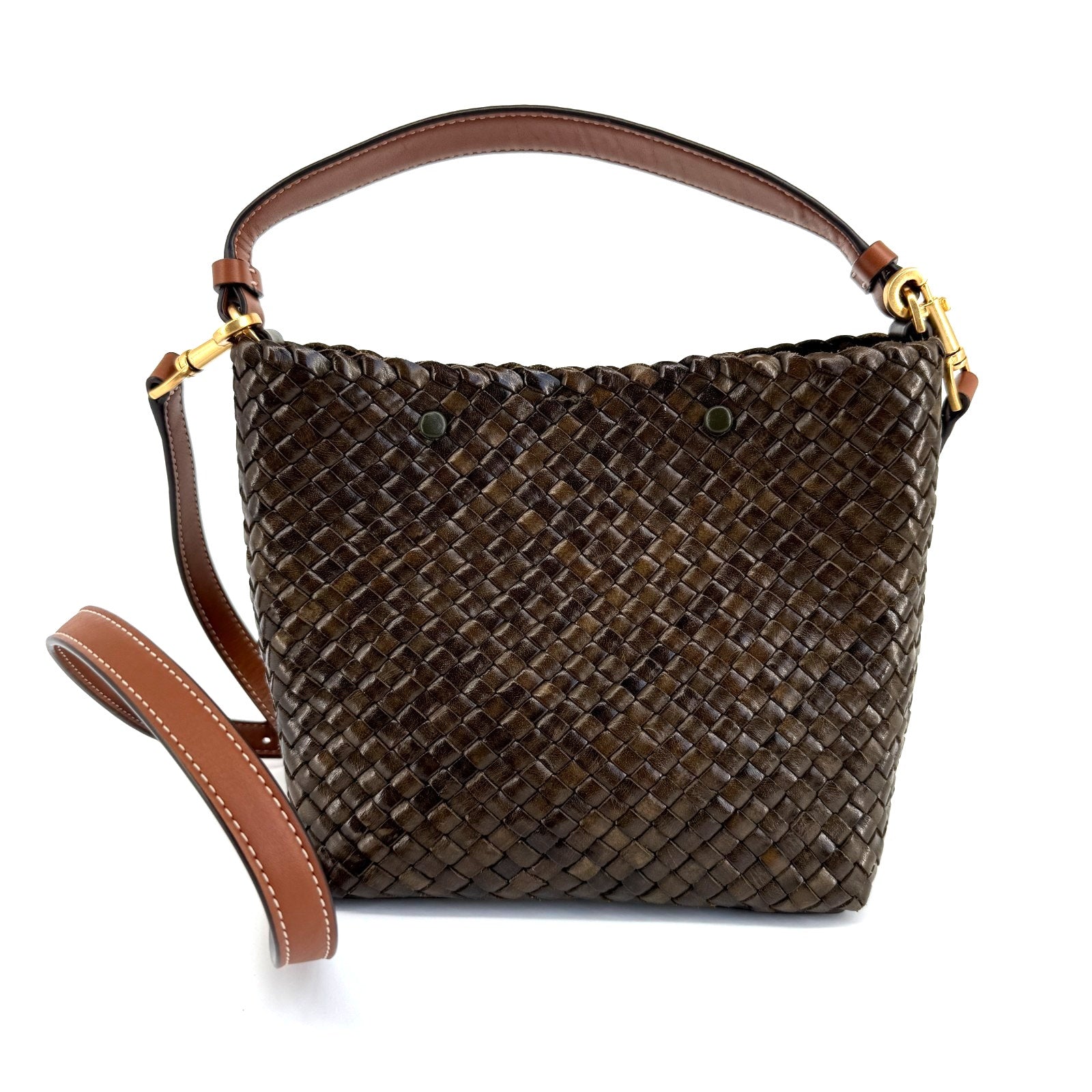 Tory Burch McGraw Bucket Bag Woven Leather Crossbody Logo Shoulder Vacation