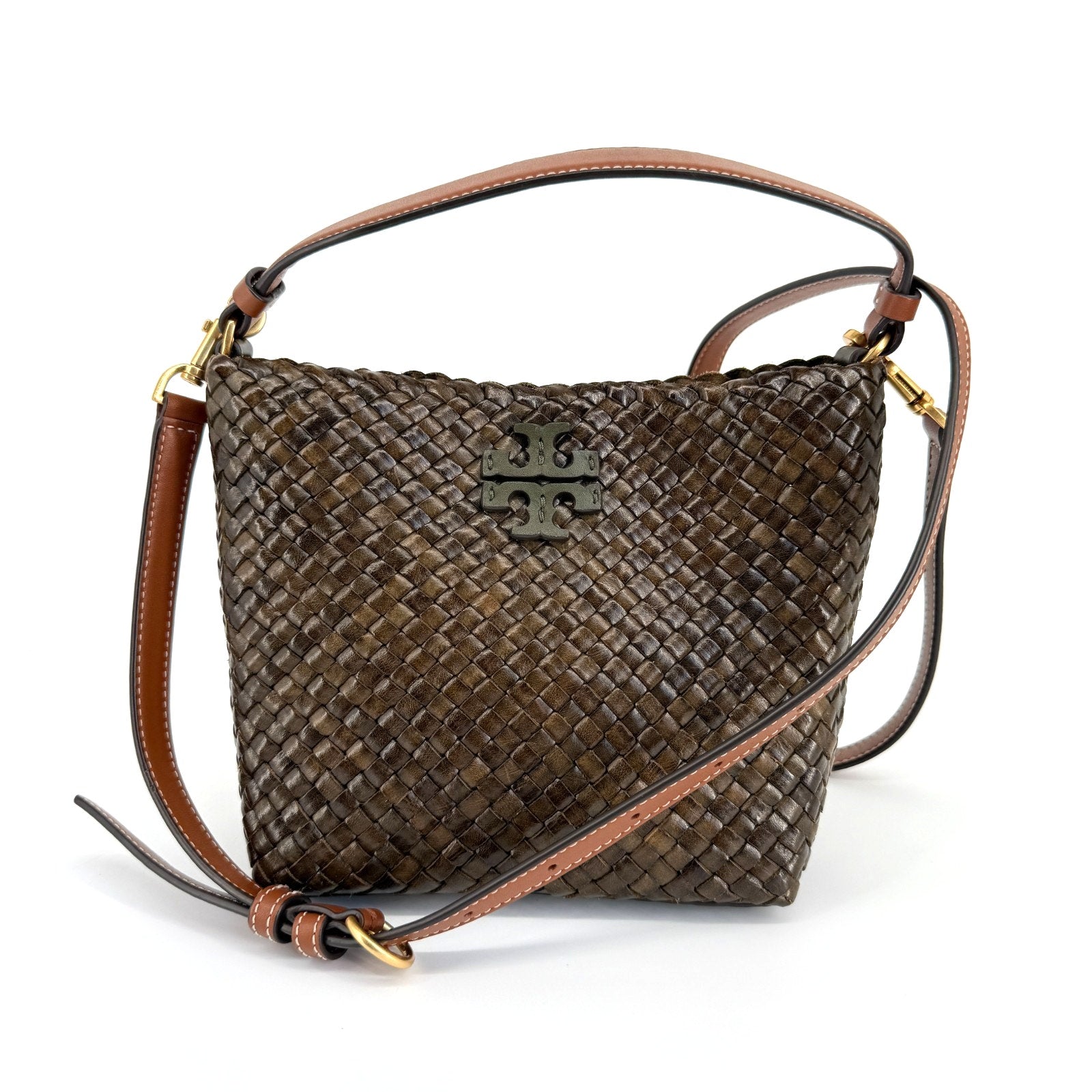 Tory Burch McGraw Bucket Bag Woven Leather Crossbody Logo Shoulder Vacation